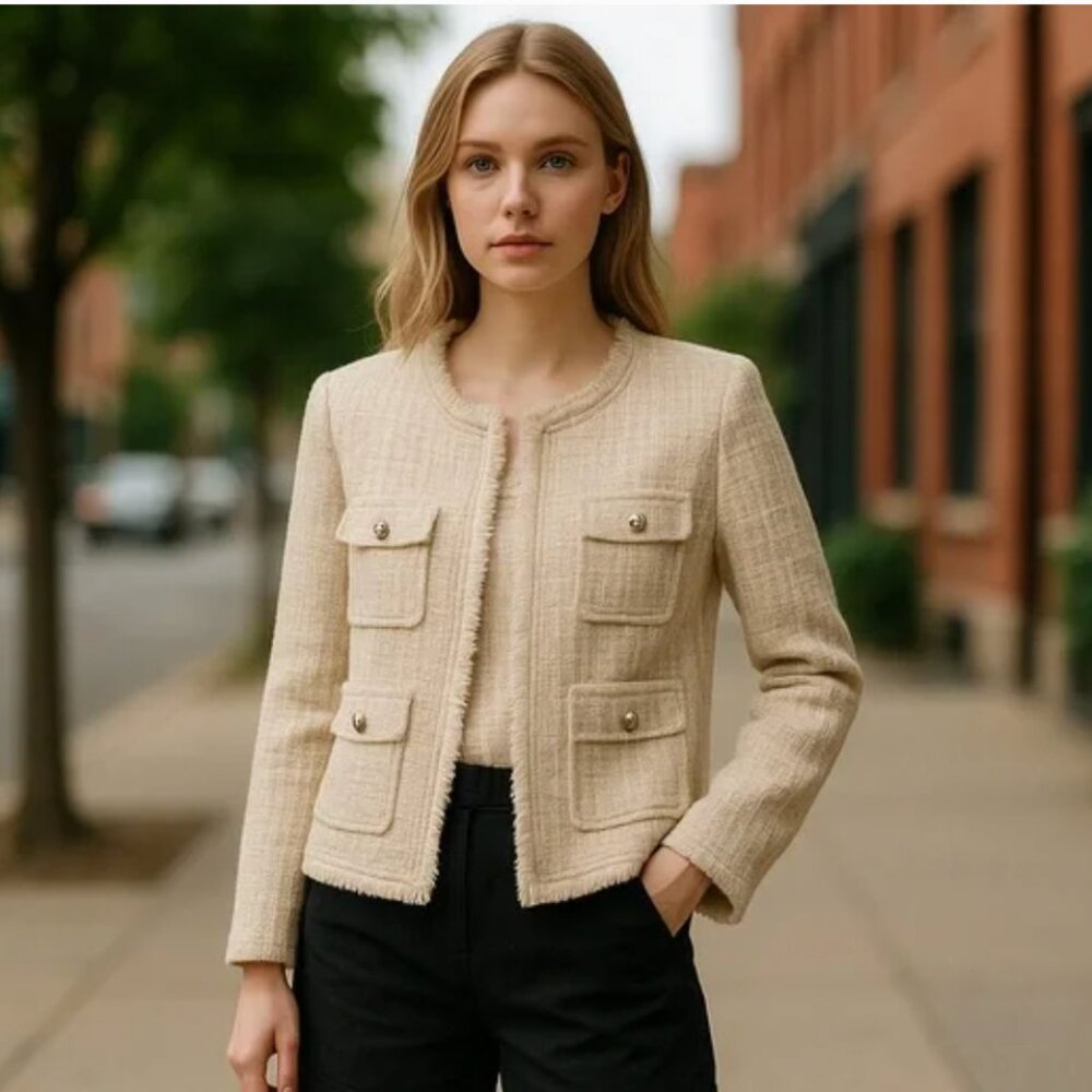 NWT NANETTE nanette lepore Pearl Button Tweed Jacket Large Oatmeal